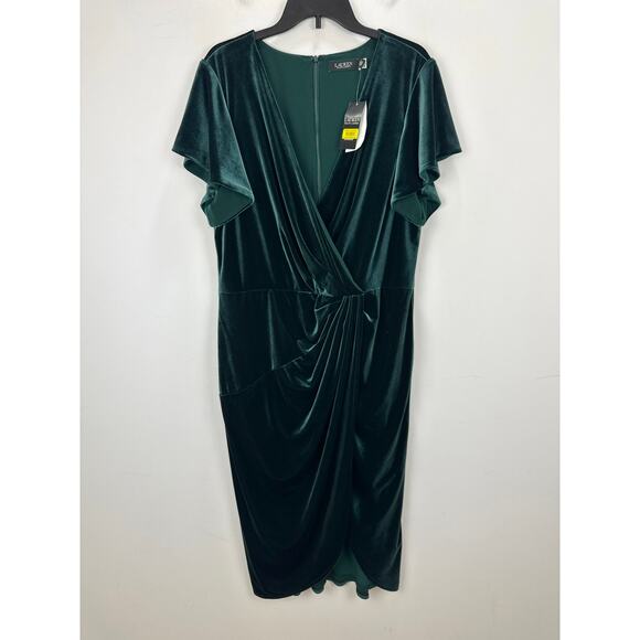 Lauren Ralph Lauren Velvet Flutter Sleeve Cocktail Midi Dress Green US 16 NWT - Picture 7 of 14
